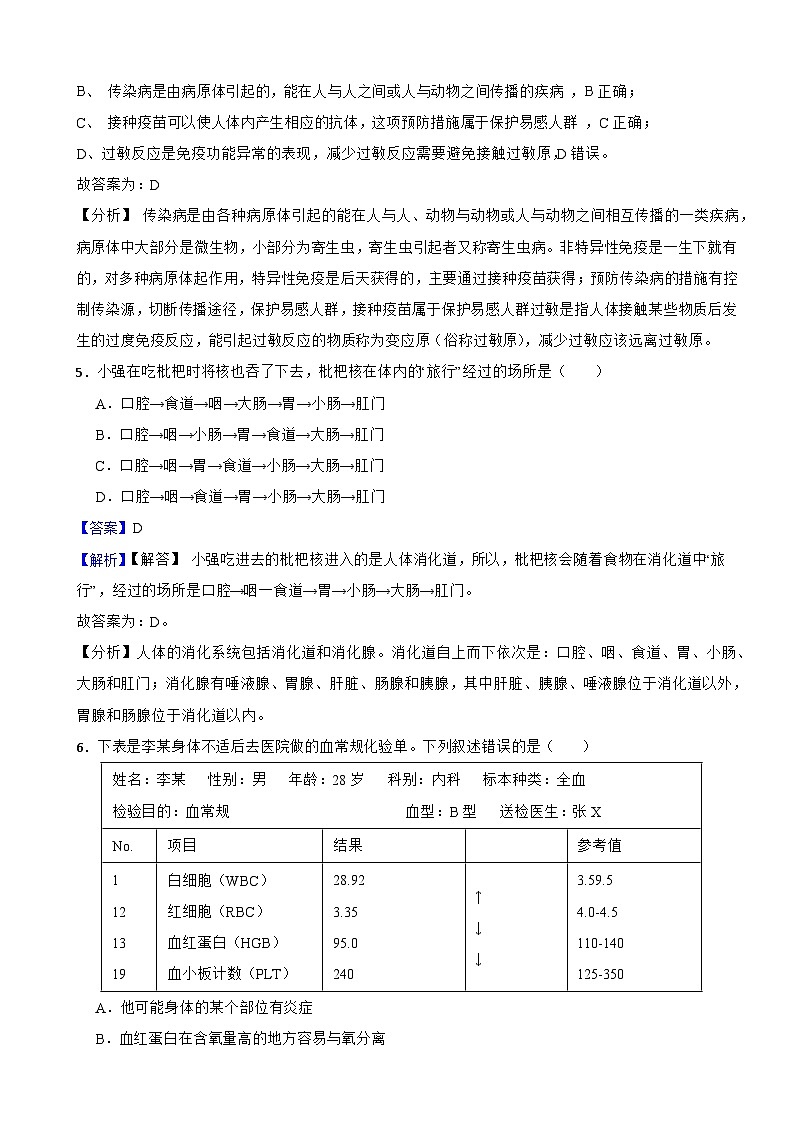 四川省巴中市2024年中考生物试卷含解析答案第3页