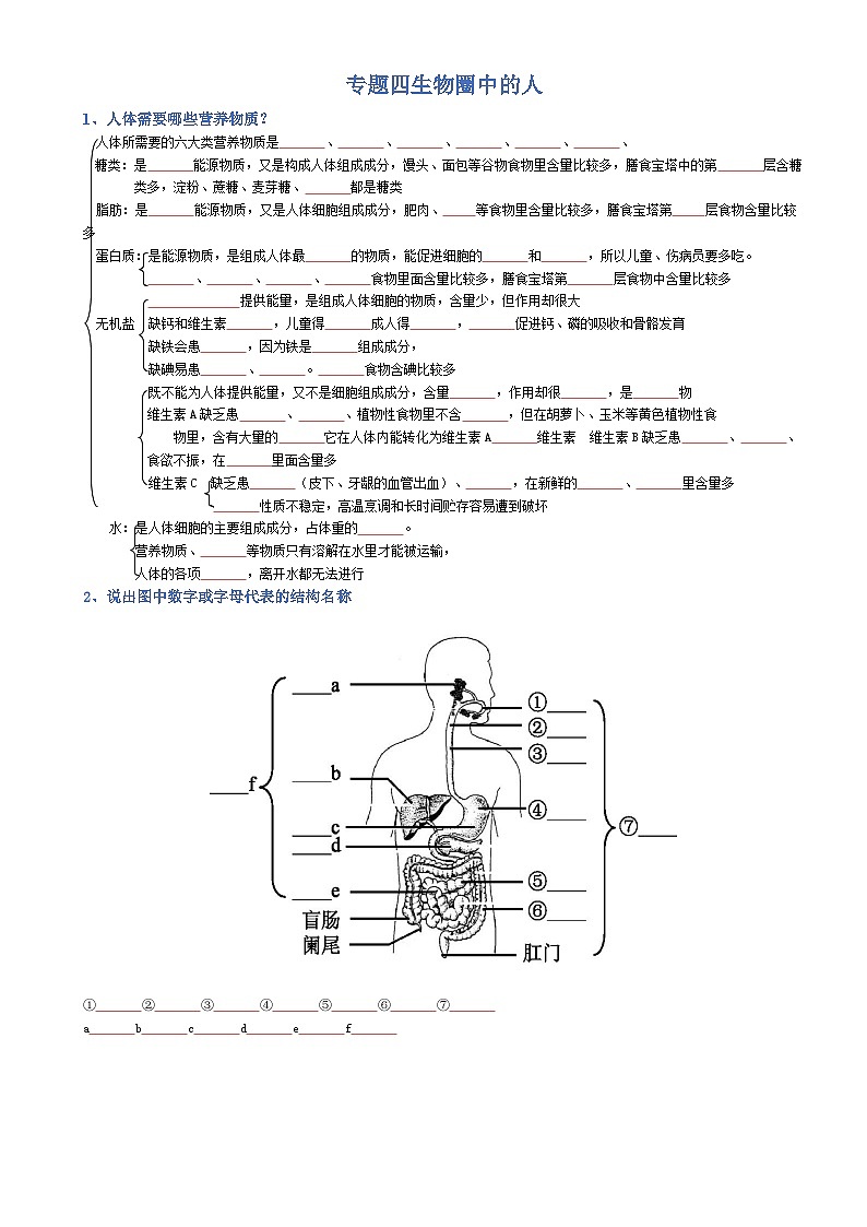 2025年人教版八年级下册会考生物知识梳理知识点讲义专题04 生物圈中的人（填空版）第1页