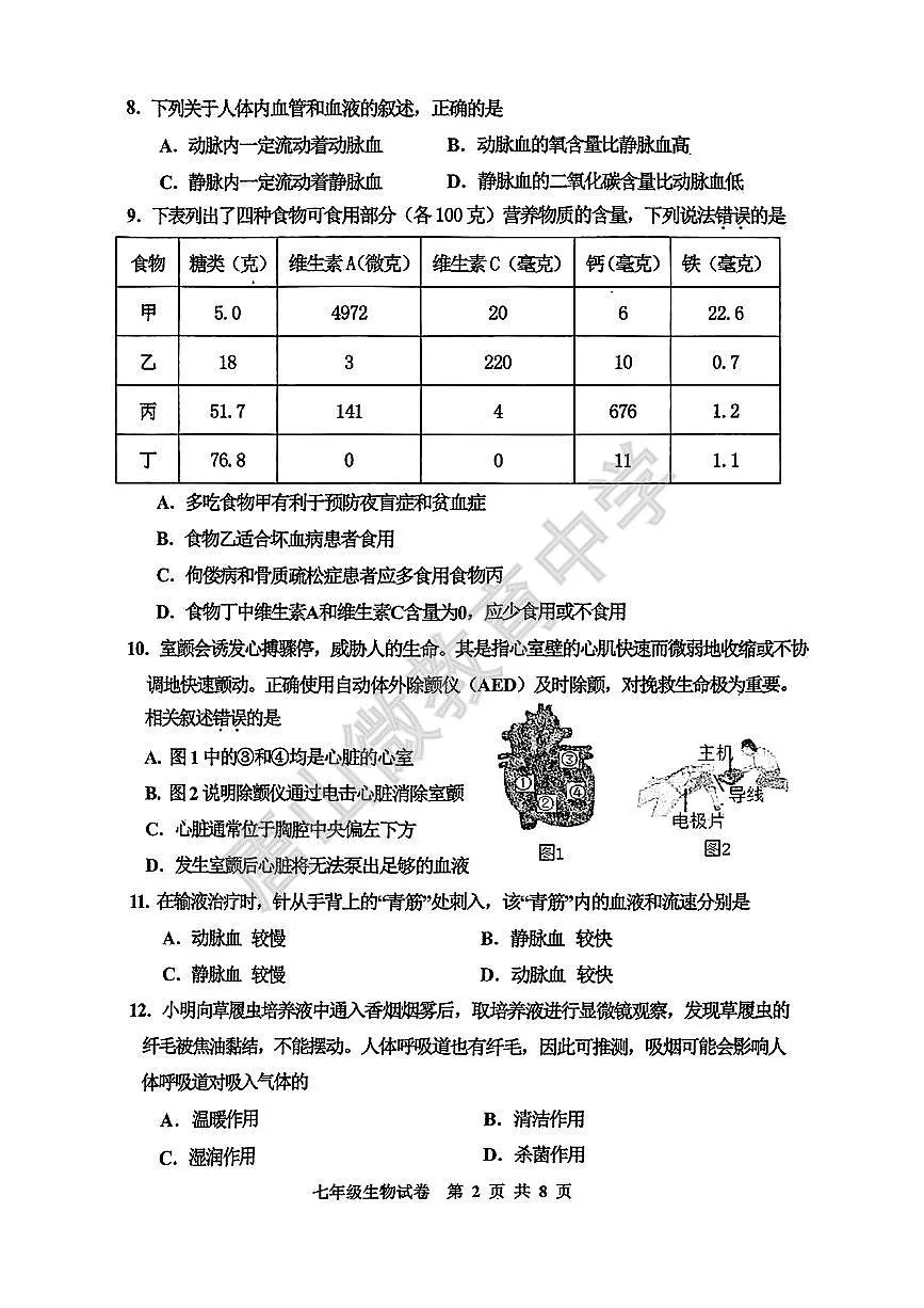 2024-2025学年第二学期河北省唐山市路南区七年级期中生物试题含答案第2页
