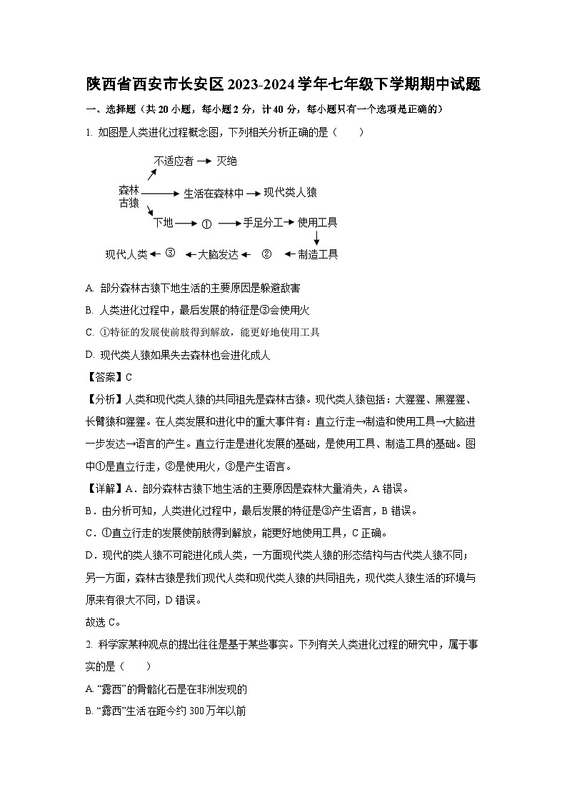 陕西省西安市长安区2023-2024学年七年级下学期期中生物试卷（解析版）第1页