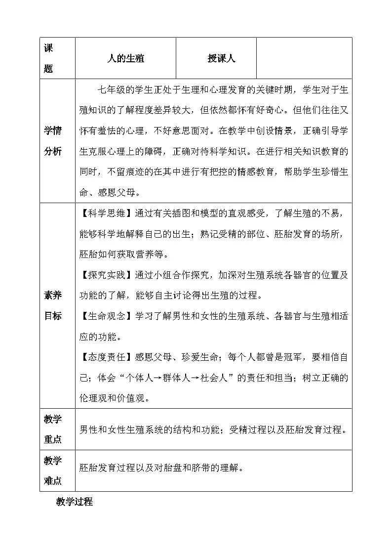 人教版（2024新版）七年级下册生物第四单元第一章《人的生殖和发育》教案第2页