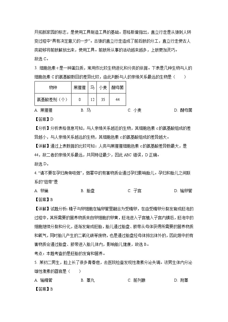 河南省三门峡市陕州区2023-2024学年七年级下学期期中生物试卷（解析版）第2页