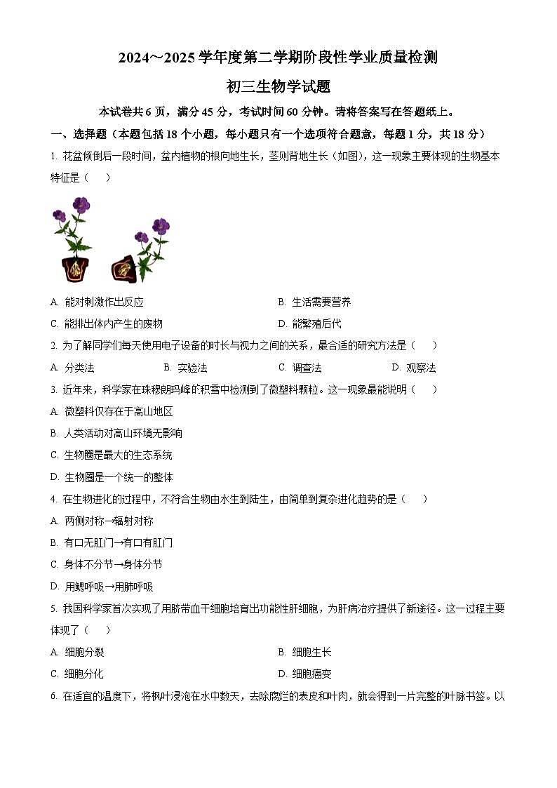 2025年山东省淄博市高新区中考一模生物试题第1页