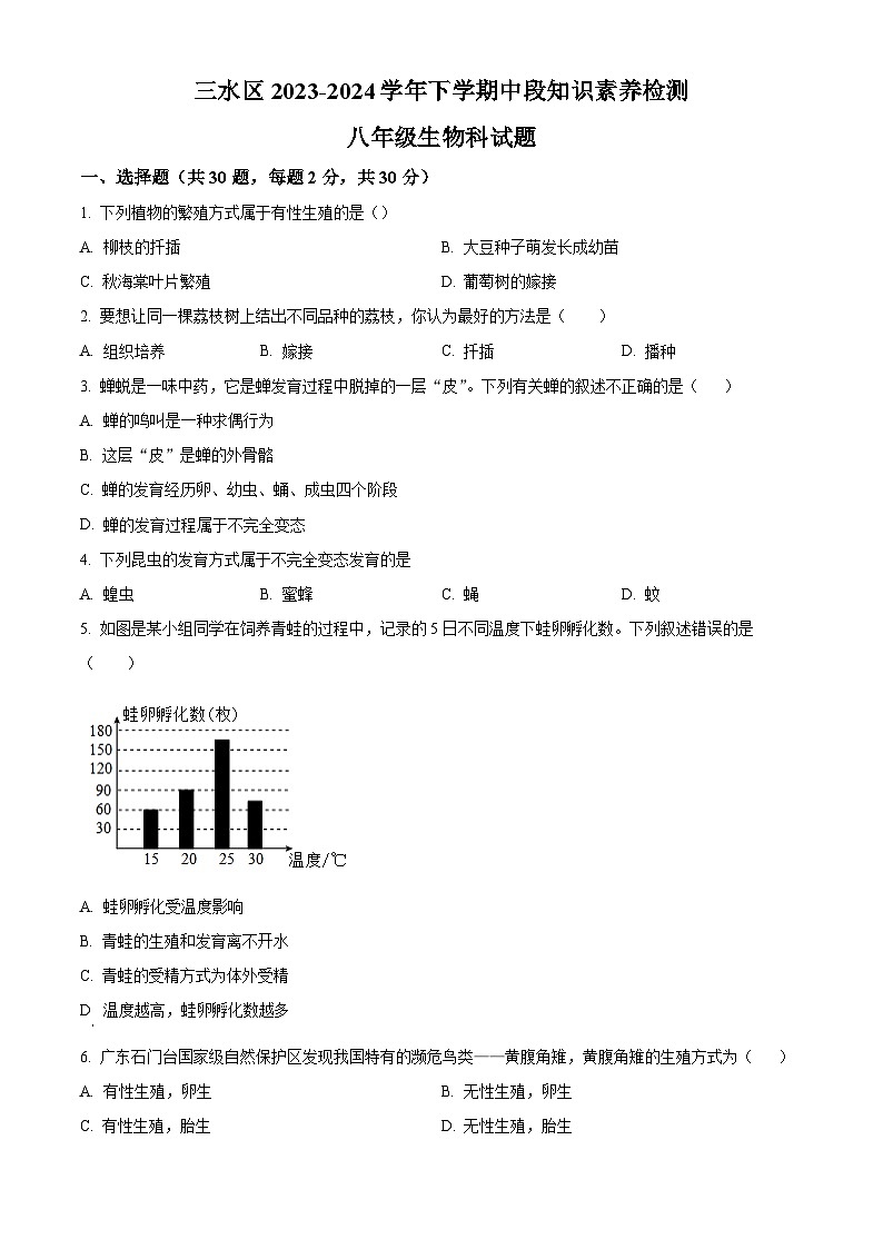 广东省佛山市三水区2023-2024学年八年级下学期期中生物试题第1页