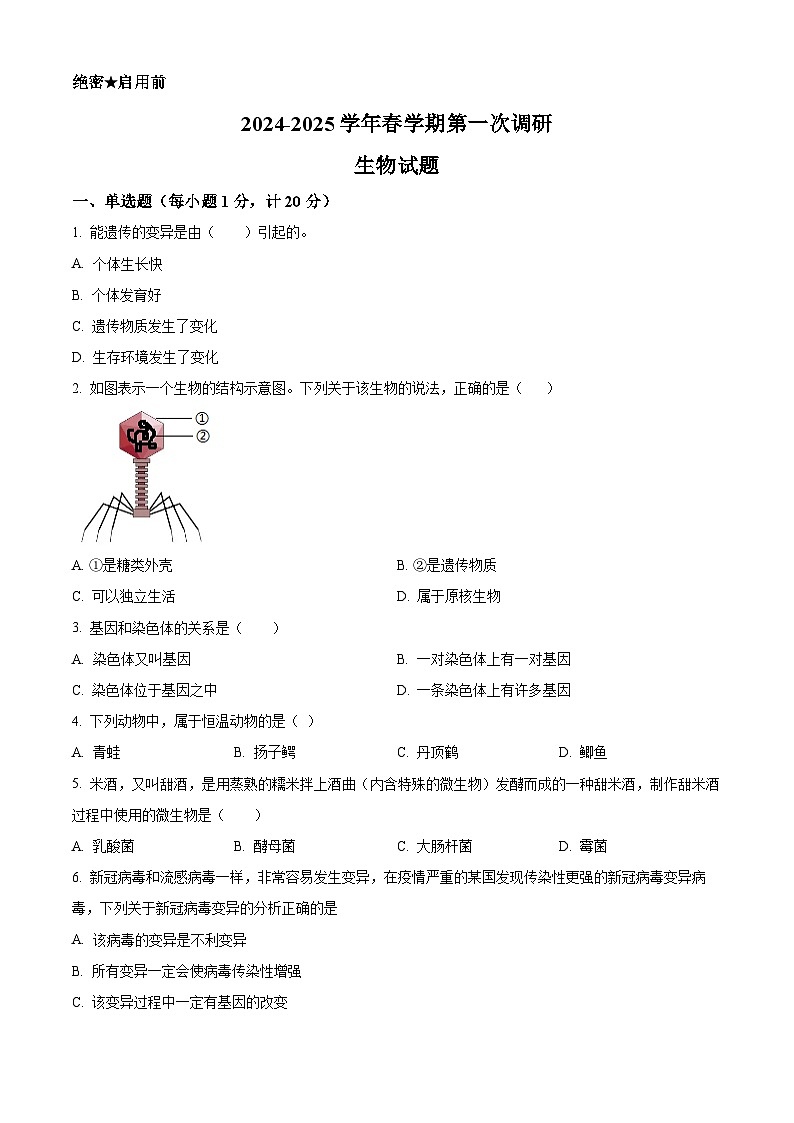 2025年江苏省连云港市高新技术产业开发区八年级中考一模生物试题（原卷版+解析版）第1页
