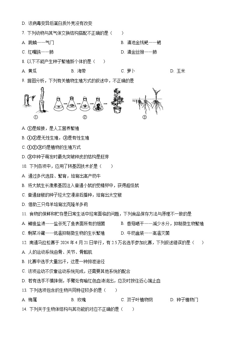 2025年江苏省连云港市高新技术产业开发区八年级中考一模生物试题（原卷版+解析版）第2页