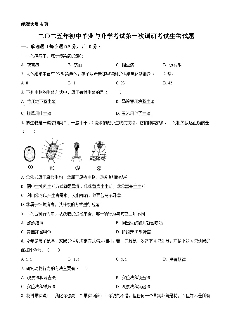2025年江苏省盐城市大丰区八年级中考一模生物试题（原卷版+解析版）第1页