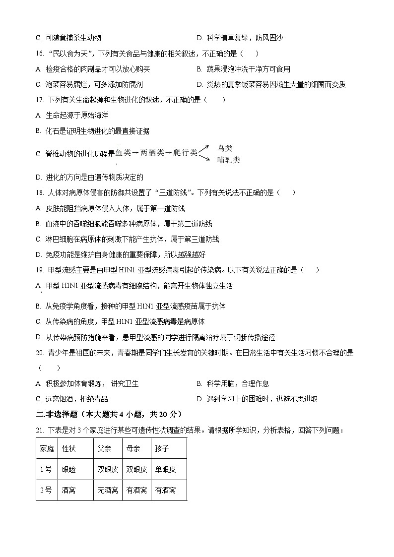 2025年宁夏回族自治区吴忠市利通区八年级中考一模生物试题（原卷版+解析版）第3页