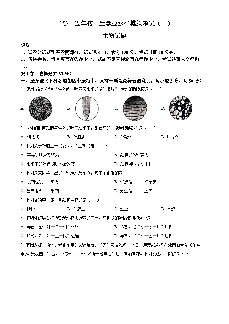 2025年山东省聊城市冠县中考一模生物试题（原卷版+解析版）第1页