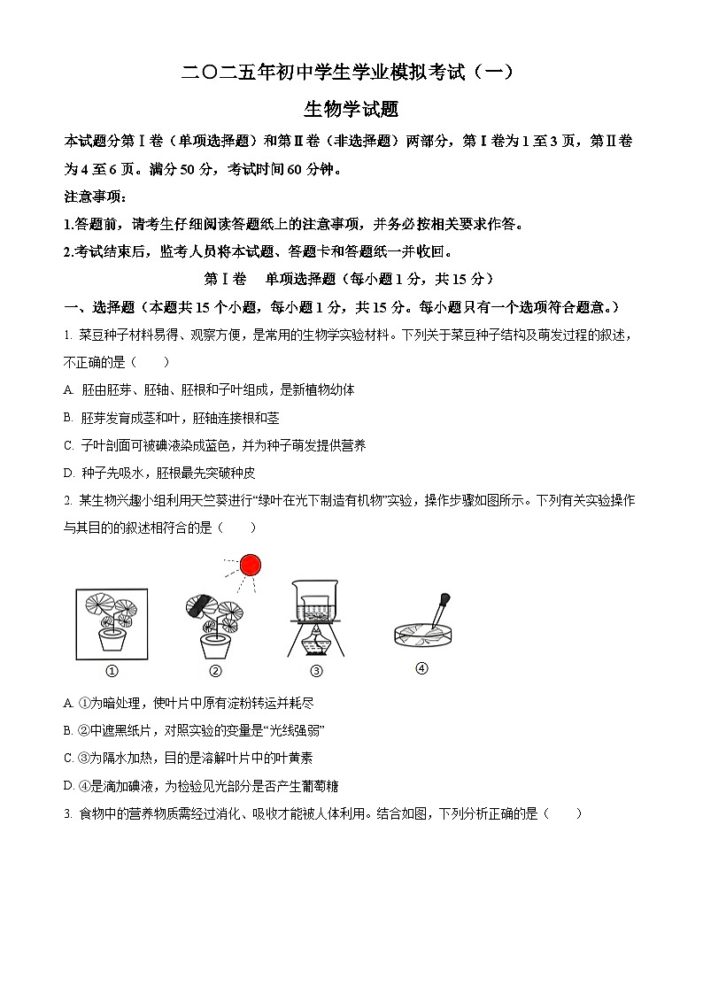 2025年山东省泰安市东平县中考一模生物试题（原卷版+解析版）第1页