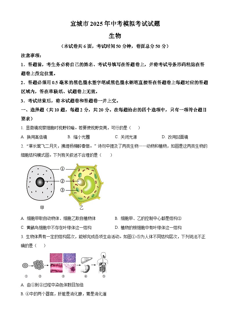 2025年四川省宜城市中考一模生物试题（原卷版+解析版）第1页
