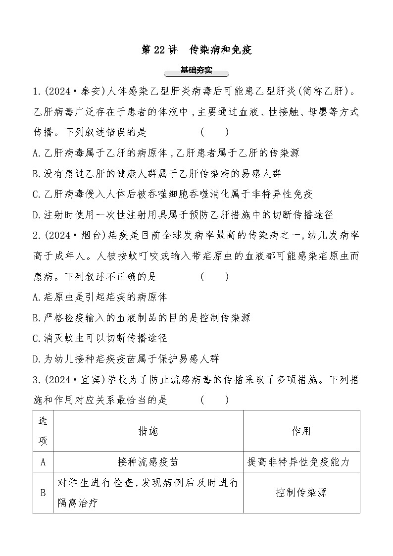 第22讲　传染病和免疫  2025年会考初中生物学专题练习（含答案）第1页