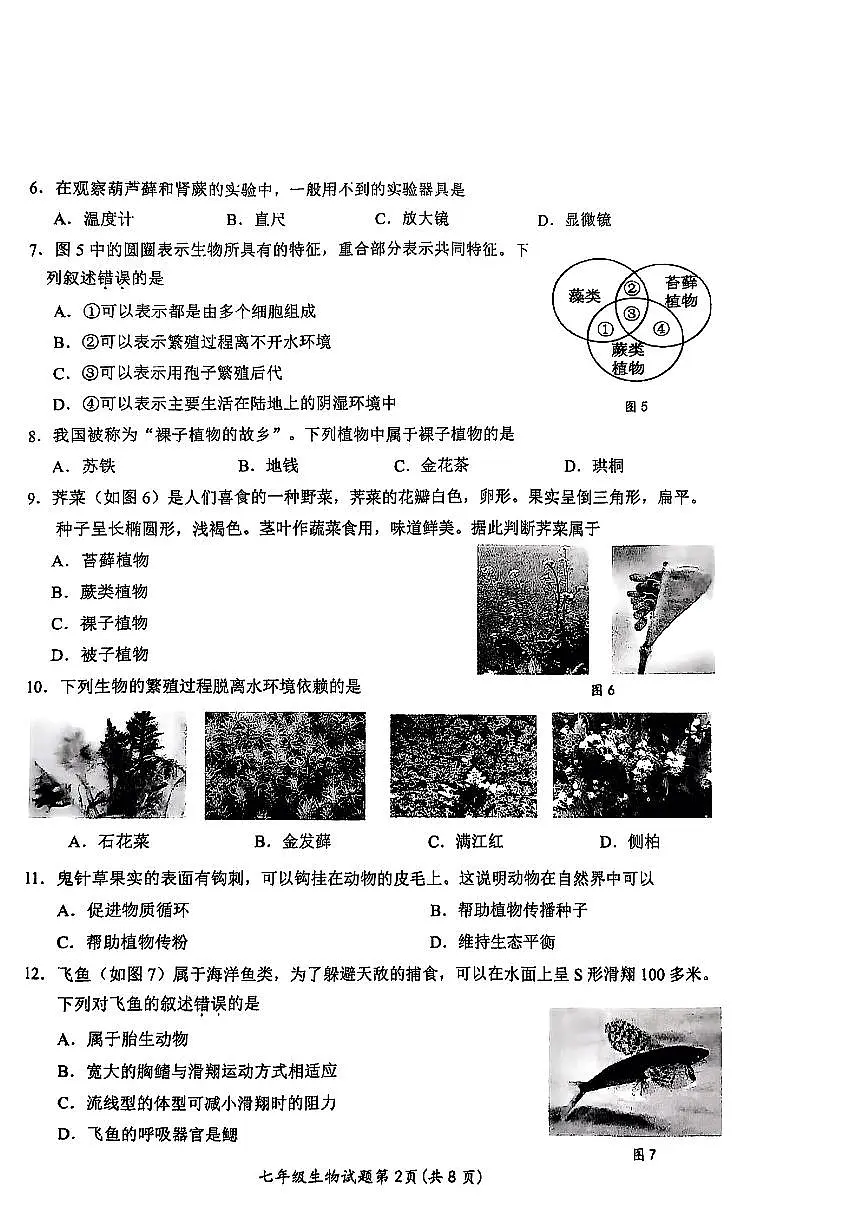 江苏省徐州市铜山区2024-2025学年度第二学期期中质量自测七年级生物试卷第2页