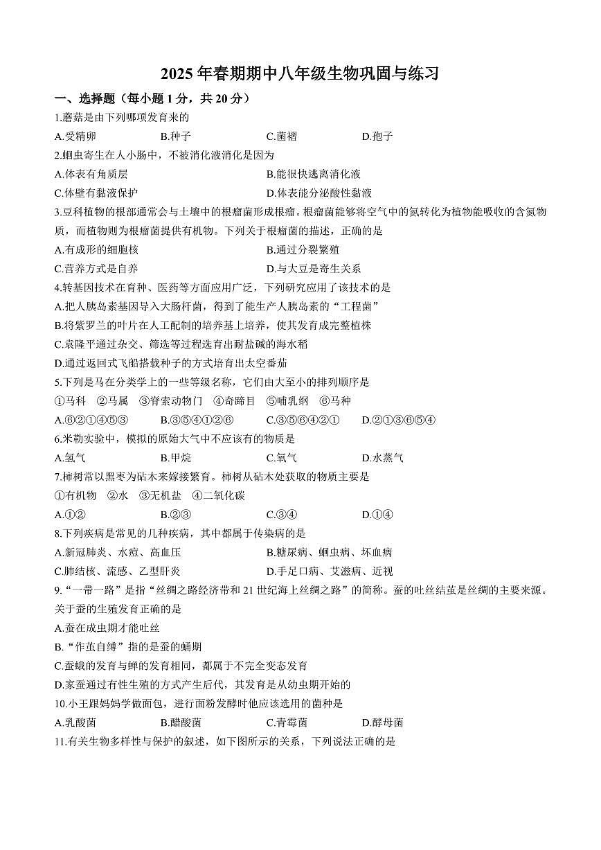 2025年南阳市内乡县八下期中生物试卷无答案第1页