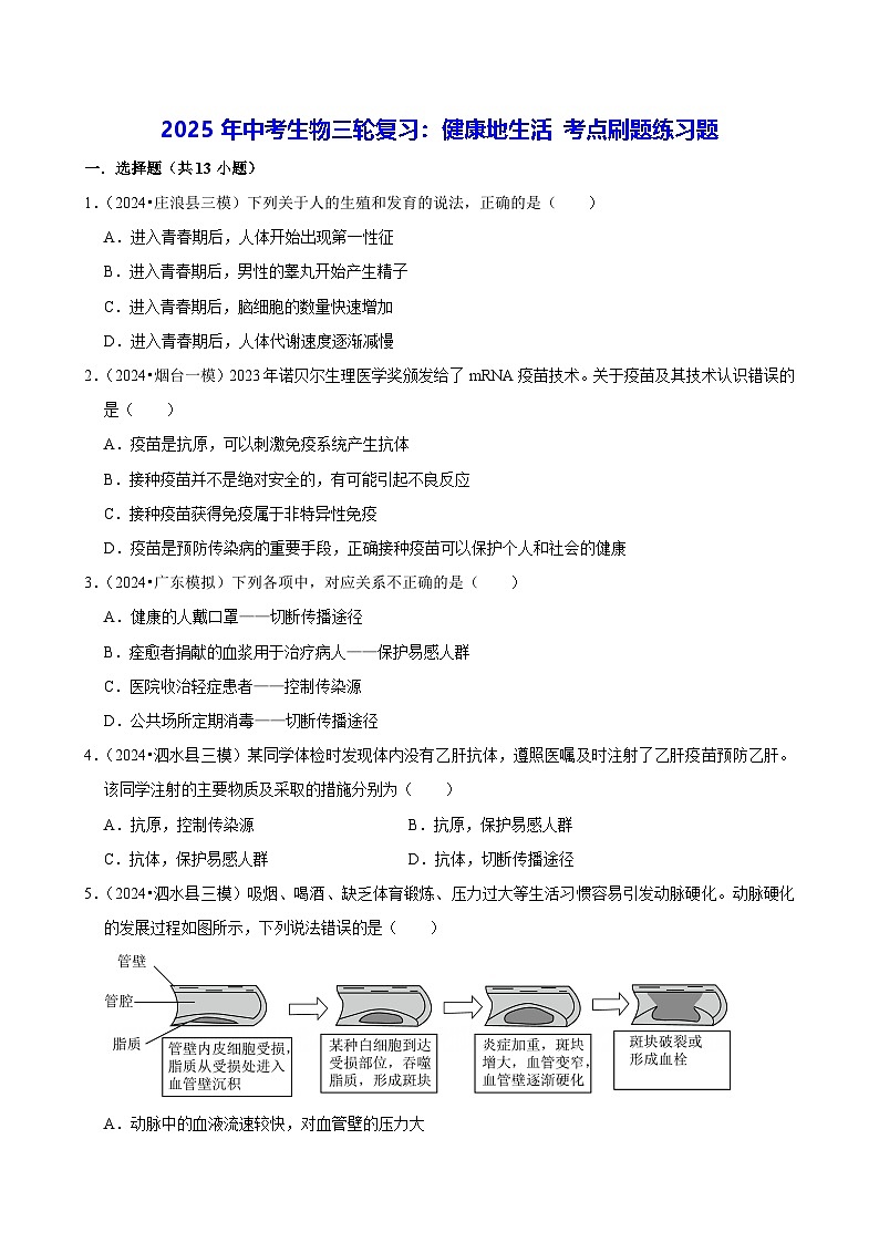 2025年中考生物三轮复习：健康地生活 考点刷题练习题（含答案解析）第1页