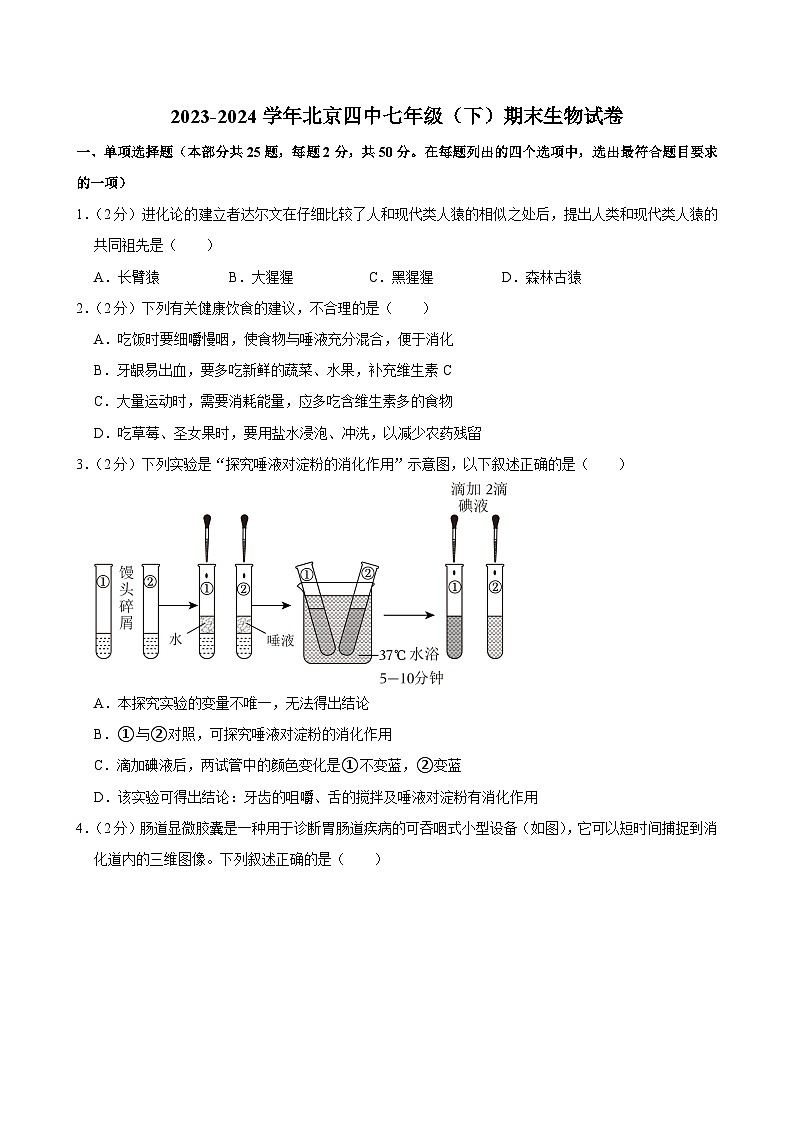 北京市第四中学2023-2024学年七年级下学期期末考试生物试卷第1页