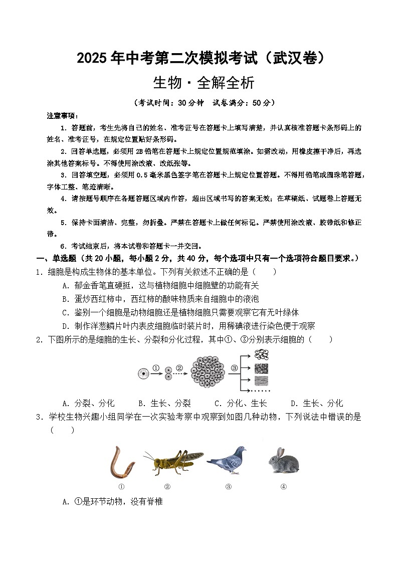 2025年中考第二次模拟考试卷：生物（武汉卷）（考试版）第1页