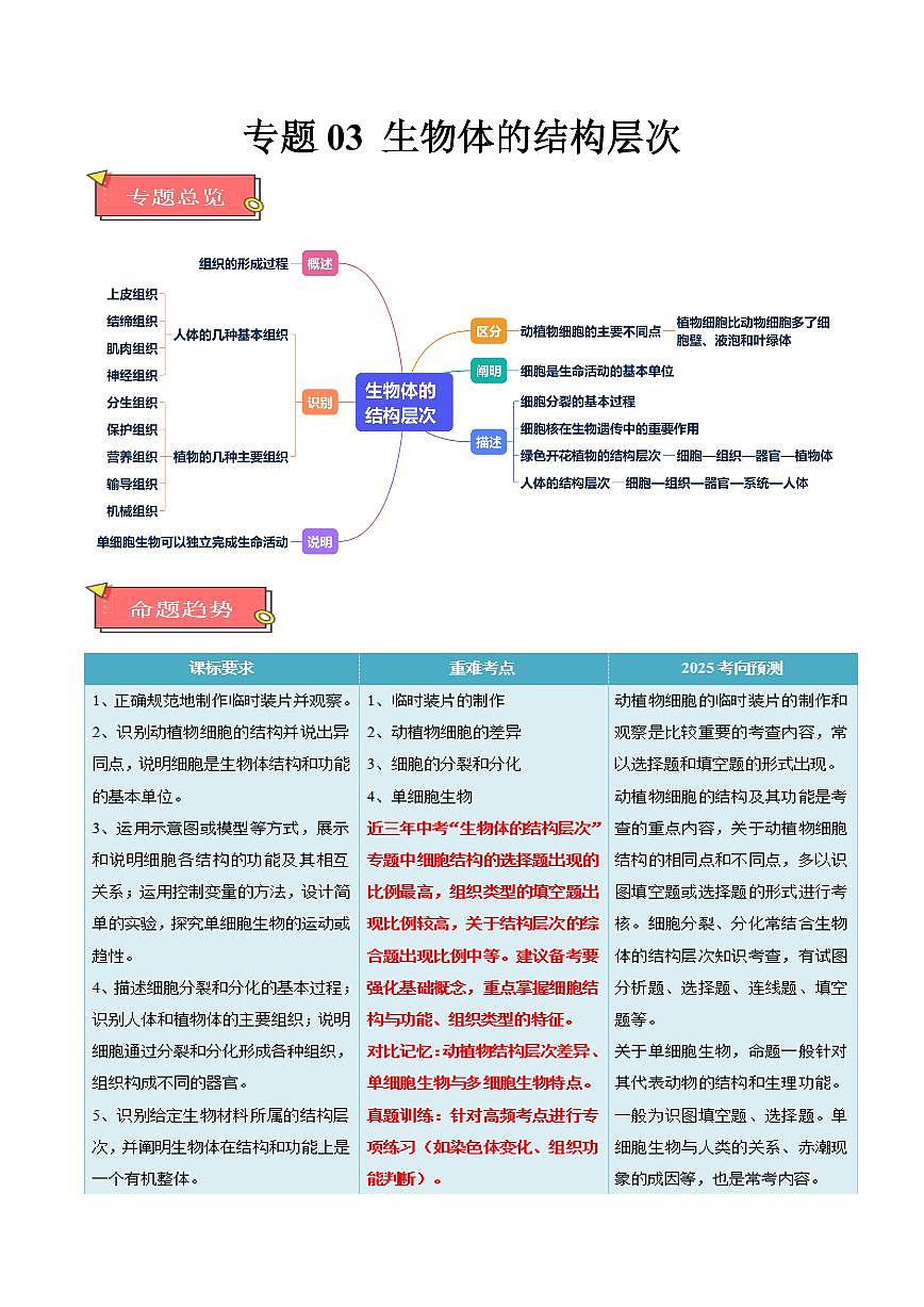 重难点03 生物体的结构层次（解析版）2025年中考生物【热点·重点·难点】专练（全国通用）第1页