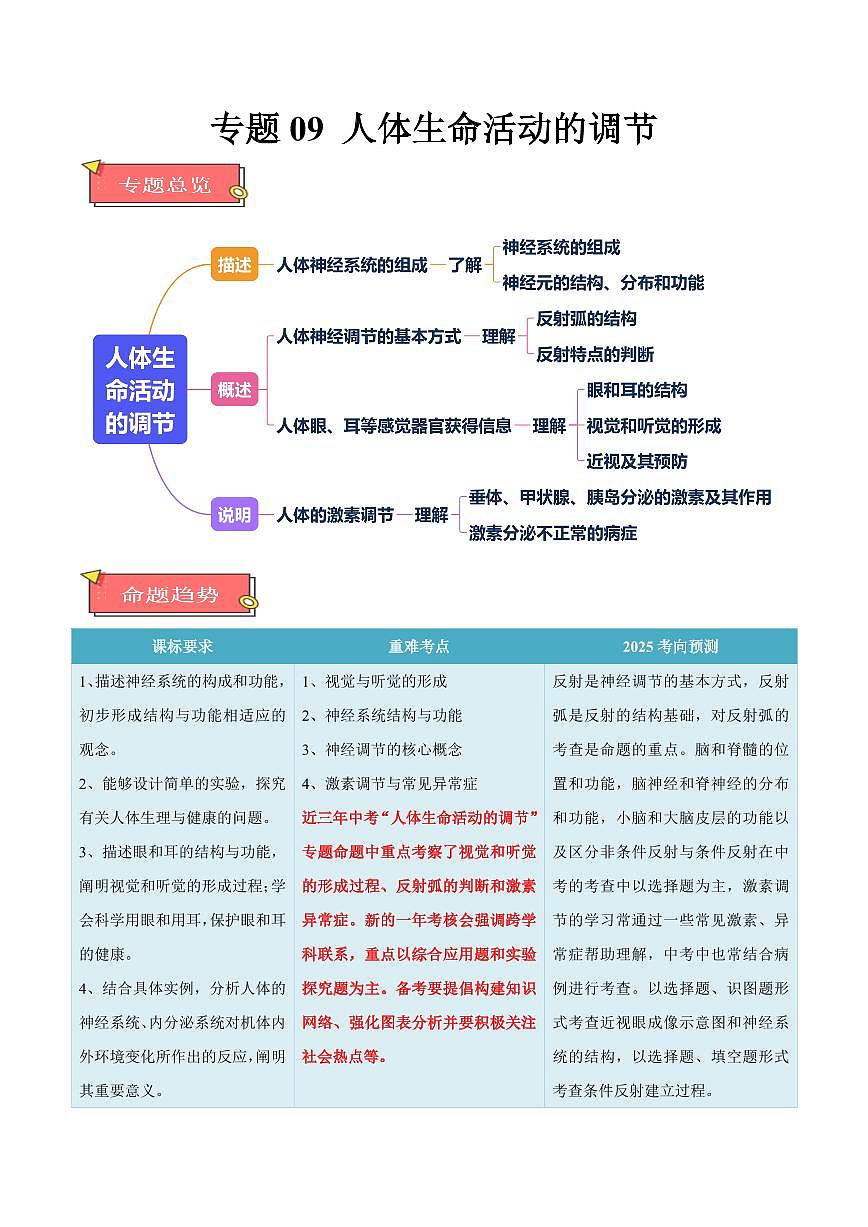 重难点09 人体生命活动的调节（原卷版）2025年中考生物【热点·重点·难点】专练（全国通用）第1页
