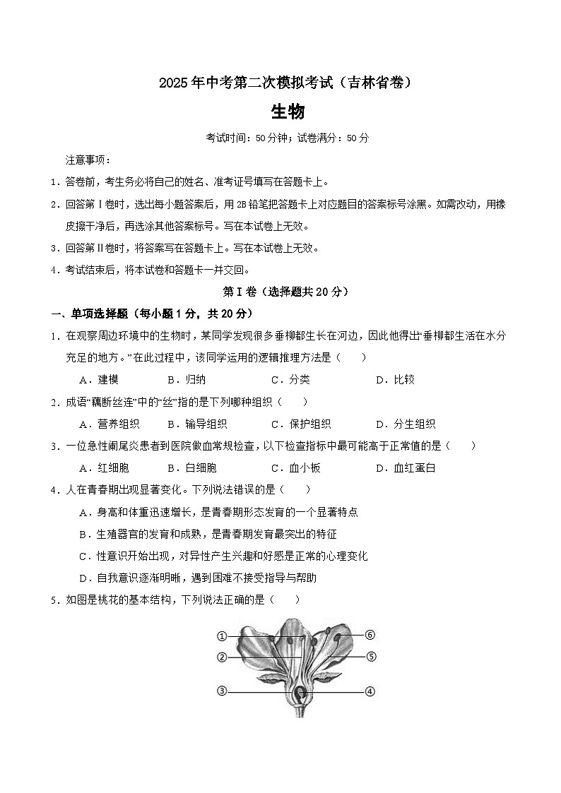 2025年中考第二次模拟考试卷：生物（吉林省卷）（考试版）第1页