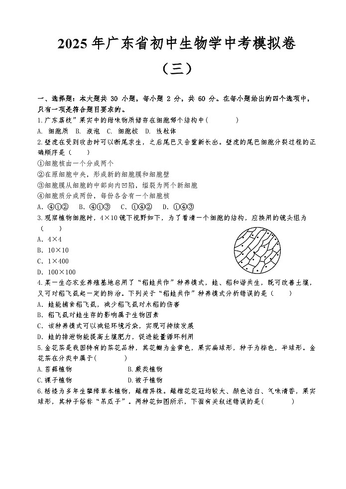 2025年广东省初中生物学中考模拟卷（三）第1页