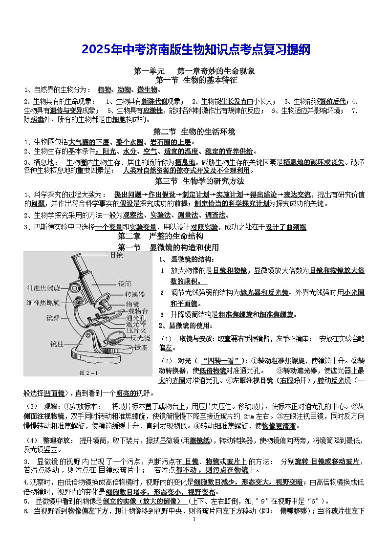 2025年中考济南版生物知识点考点复习提纲 学案第1页