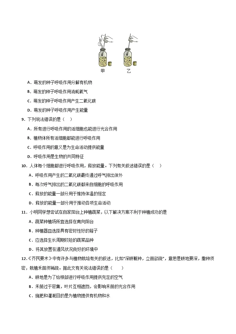苏教版（2024）七年级下册生物第11章《植物的光合作用和呼吸作用》单元测试卷（含答案解析）第3页