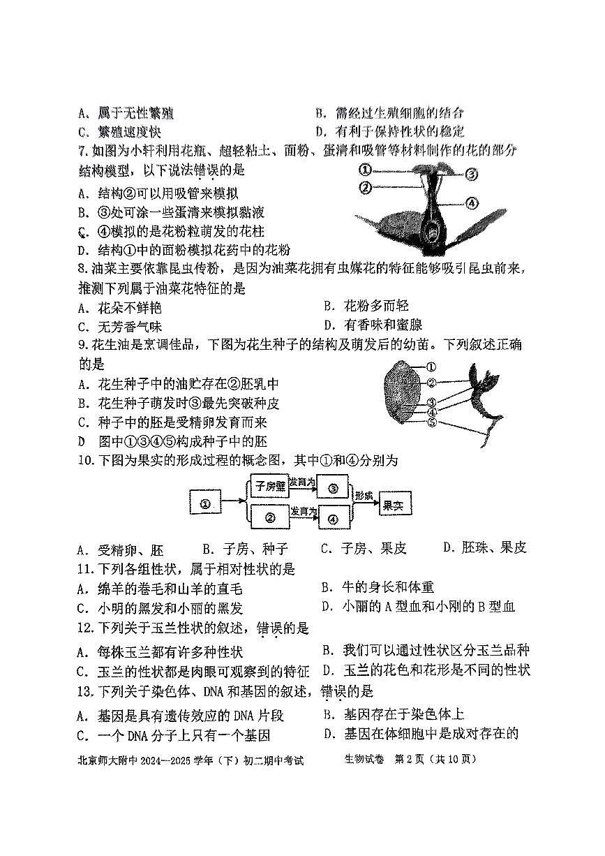 2025北京北师大附中初二（下）期中真题生物试卷第2页