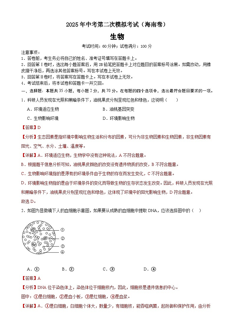2025年中考第二次模拟考试卷：生物（海南卷）（解析版）第1页