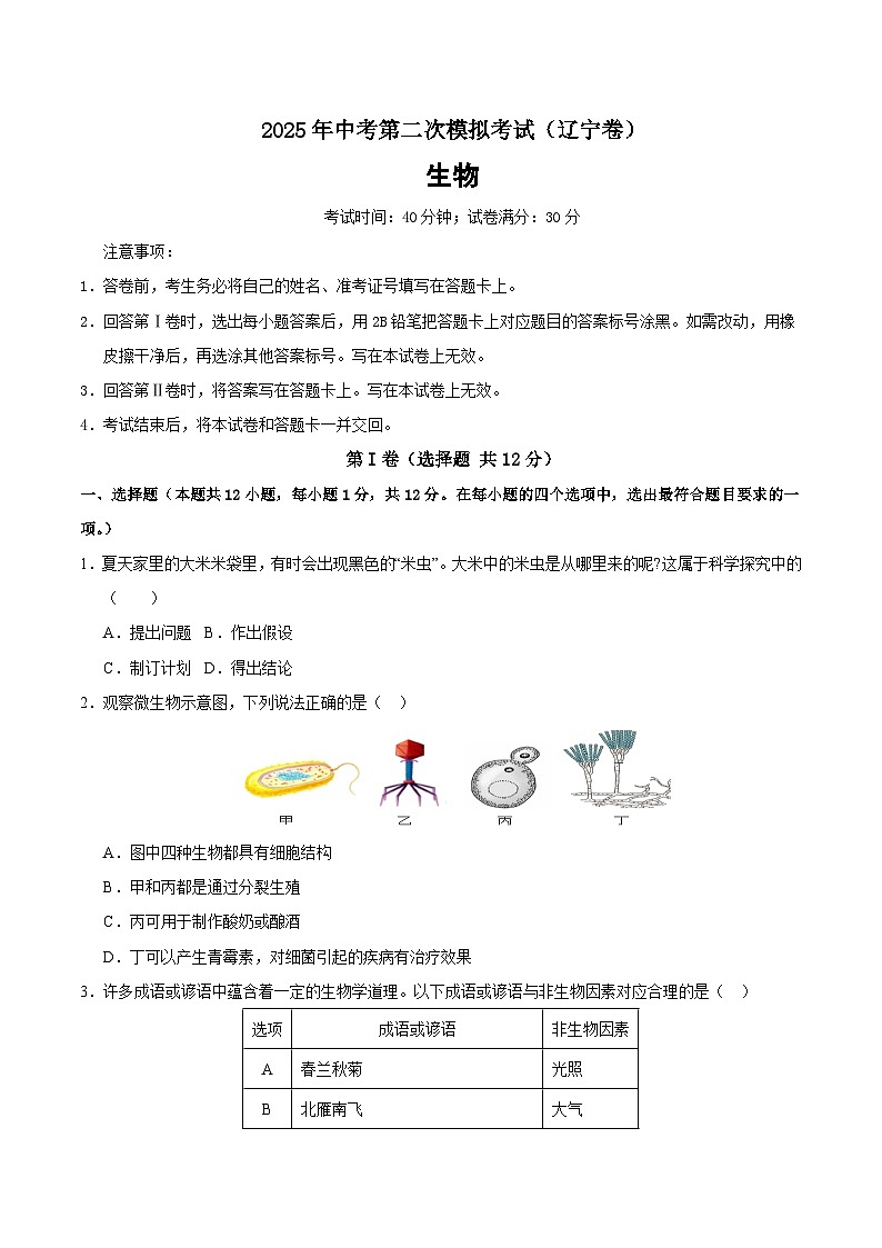 2025年中考第二次模拟考试卷：生物（辽宁卷）(考试版)第1页