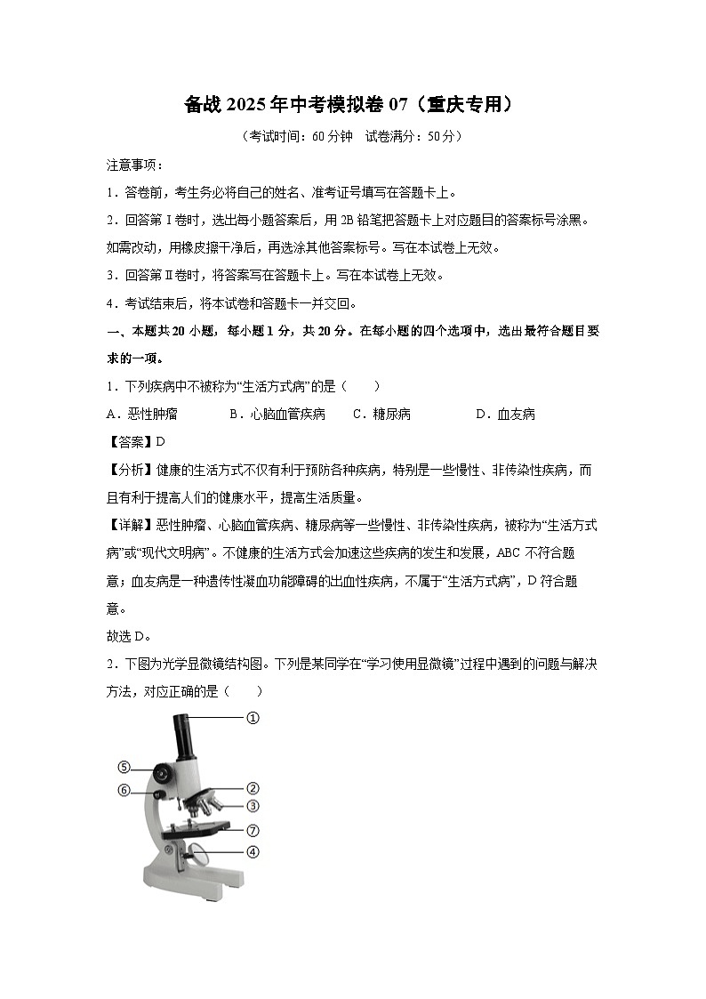 备战2025年中考模拟卷07（重庆专用）生物试卷（解析版）第1页