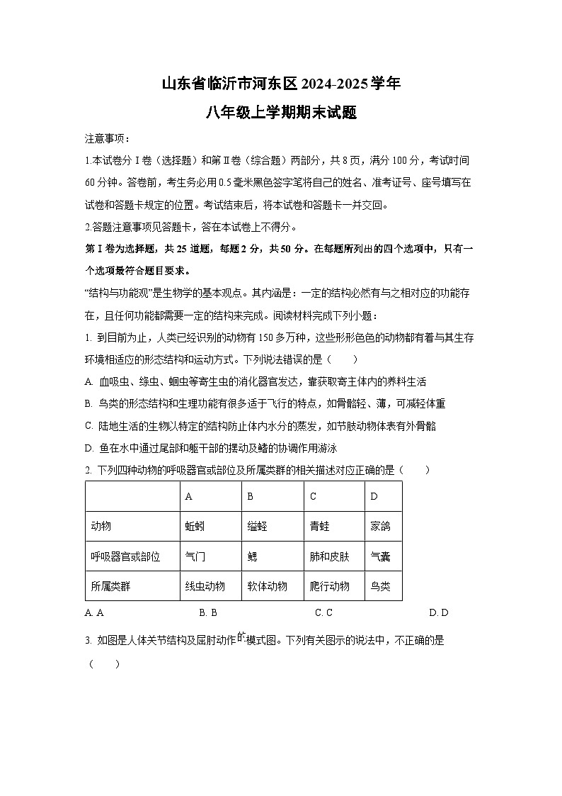 山东省临沂市河东区2024-2025学年八年级上学期期末生物试卷（解析版）第1页