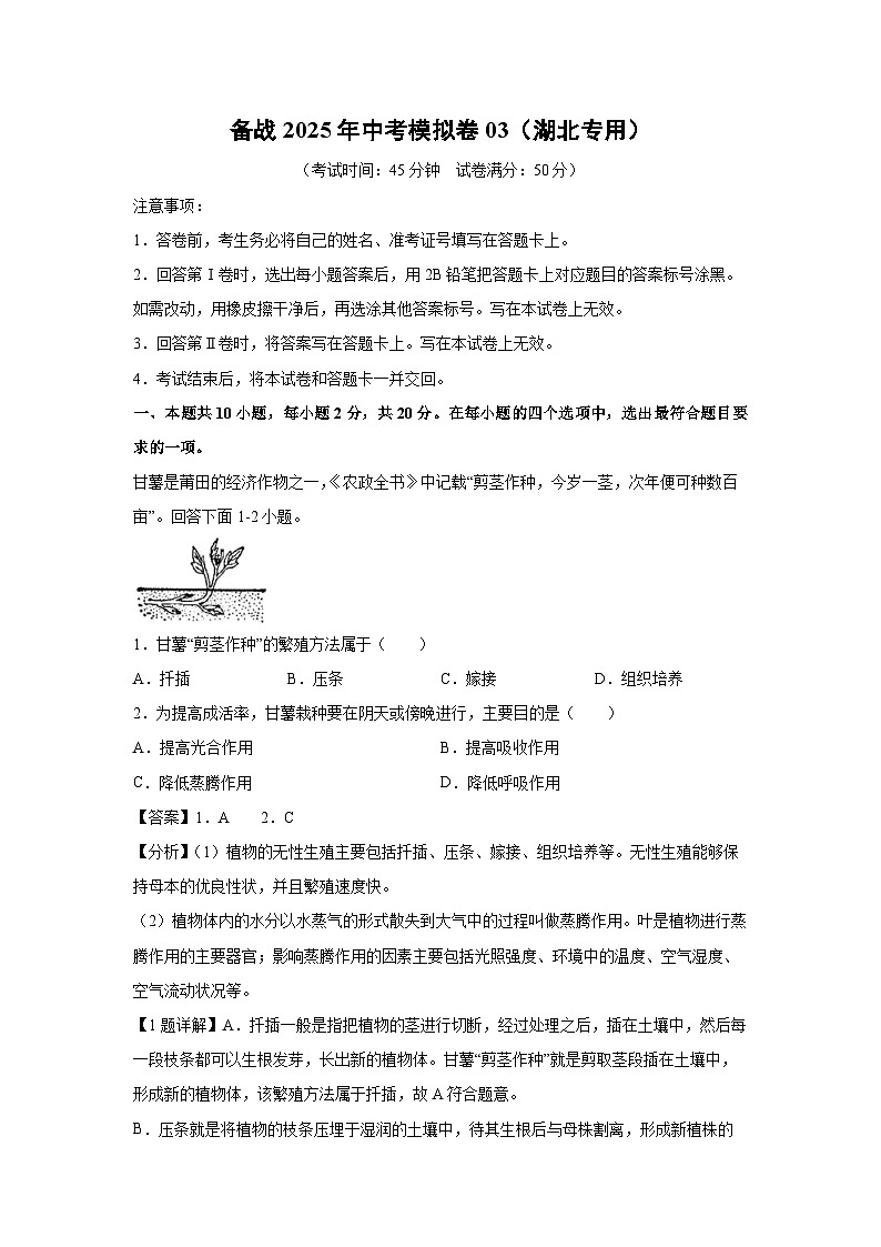 备战2025年中考模拟卷03（湖北专用）生物试卷（解析版）第1页