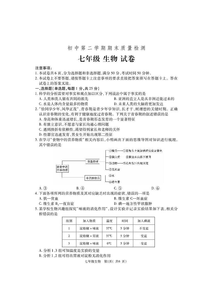 河南省巩义市2023-2024学年七年级下学期期末质量检测生物试题第1页