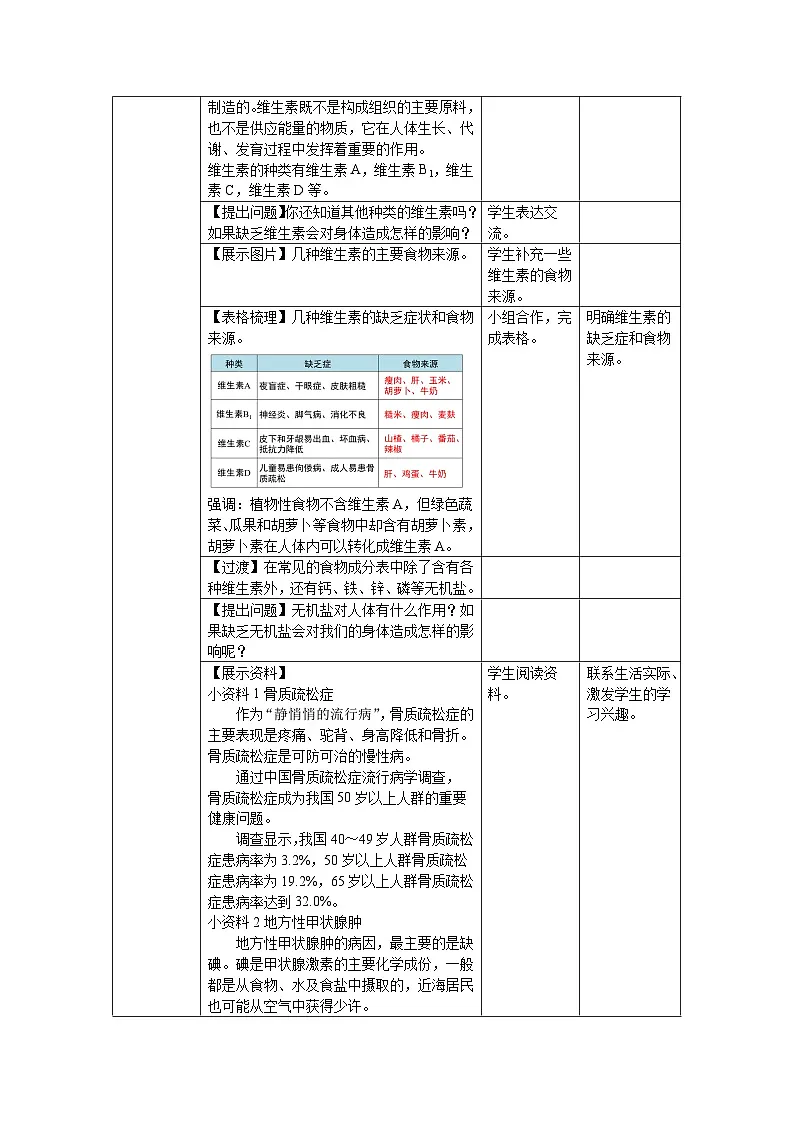 1.2 人体生命活动需要的营养物质 第2课时 教案 生物冀少版（2024）七年级下册第三单元第一章第2页
