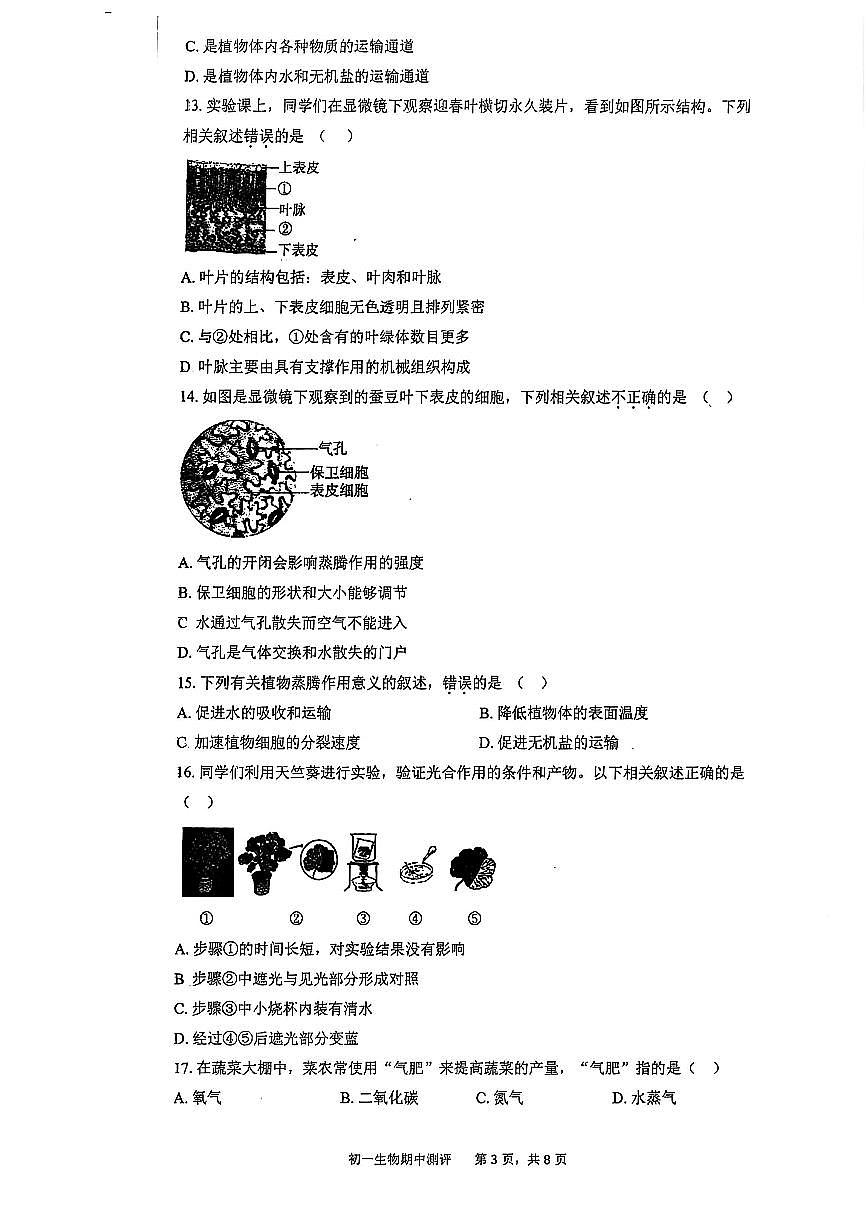 2025北京五中学分校初一（下）期中生物试卷（无答案）第3页