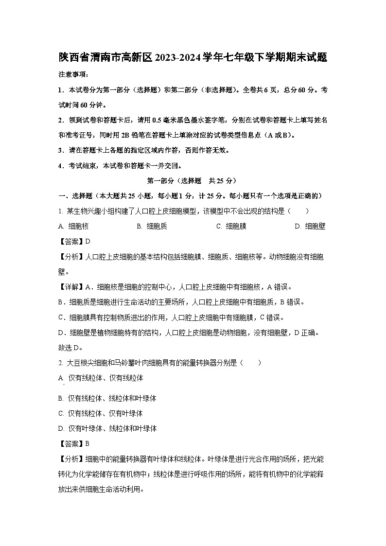 陕西省渭南市高新区2023-2024学年七年级下学期期末生物试卷（解析版）第1页