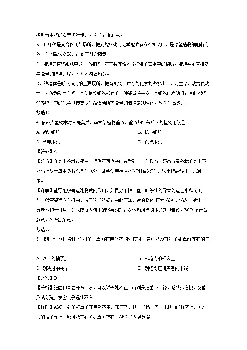 广东省广州市天河区2024-2025学年七年级上学期期末生物试卷（解析版）第3页