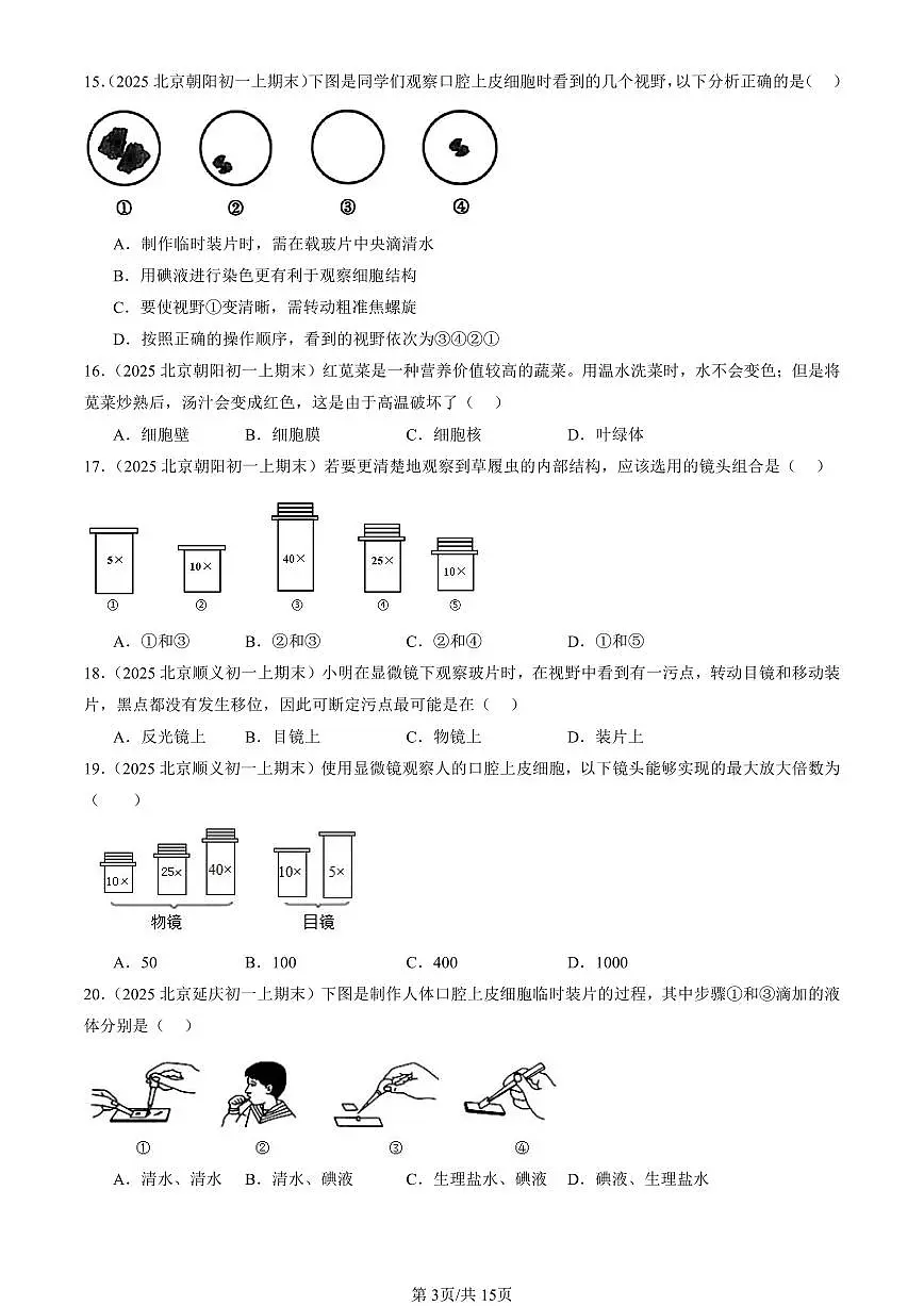 2025北京初一（上）期中真题生物汇编：细胞是生命活动的基本单位章节综合第3页
