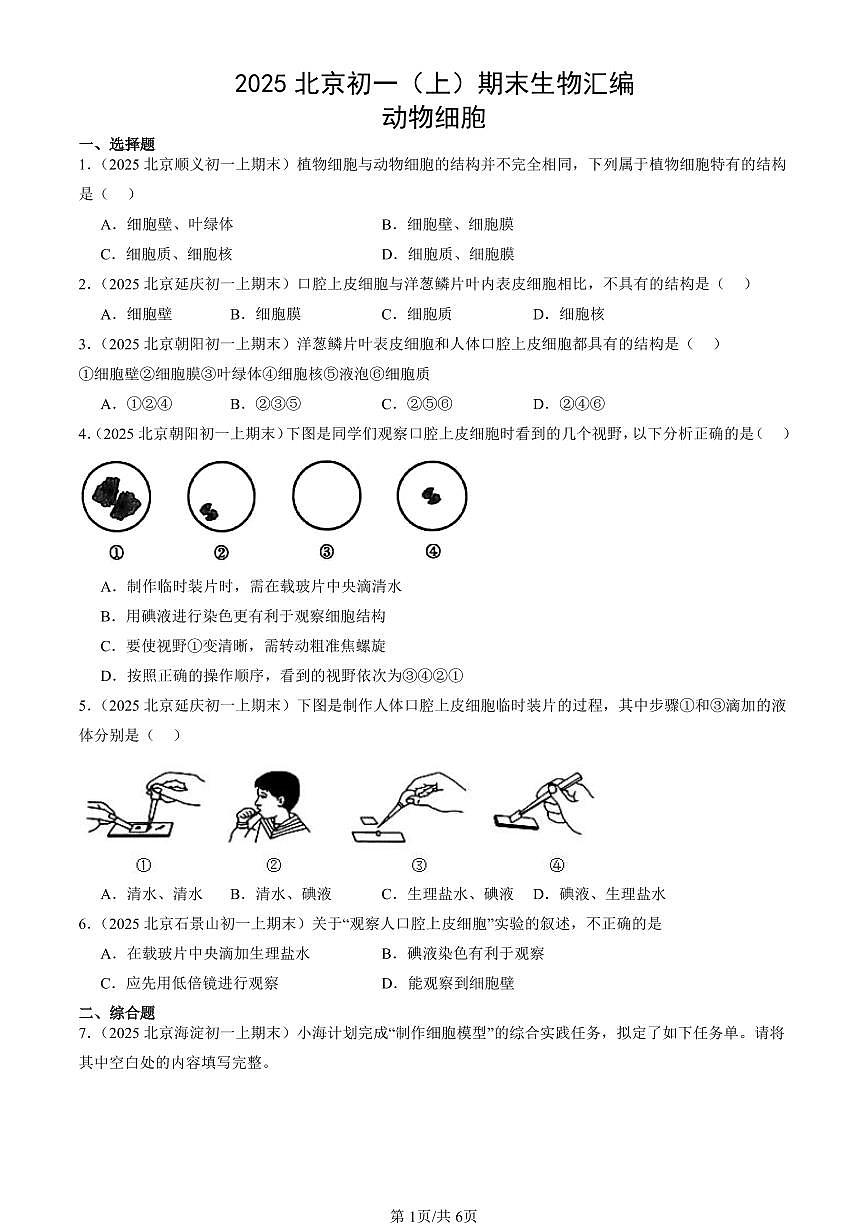 2025北京初一（上）期末真题生物汇编：动物细胞第1页