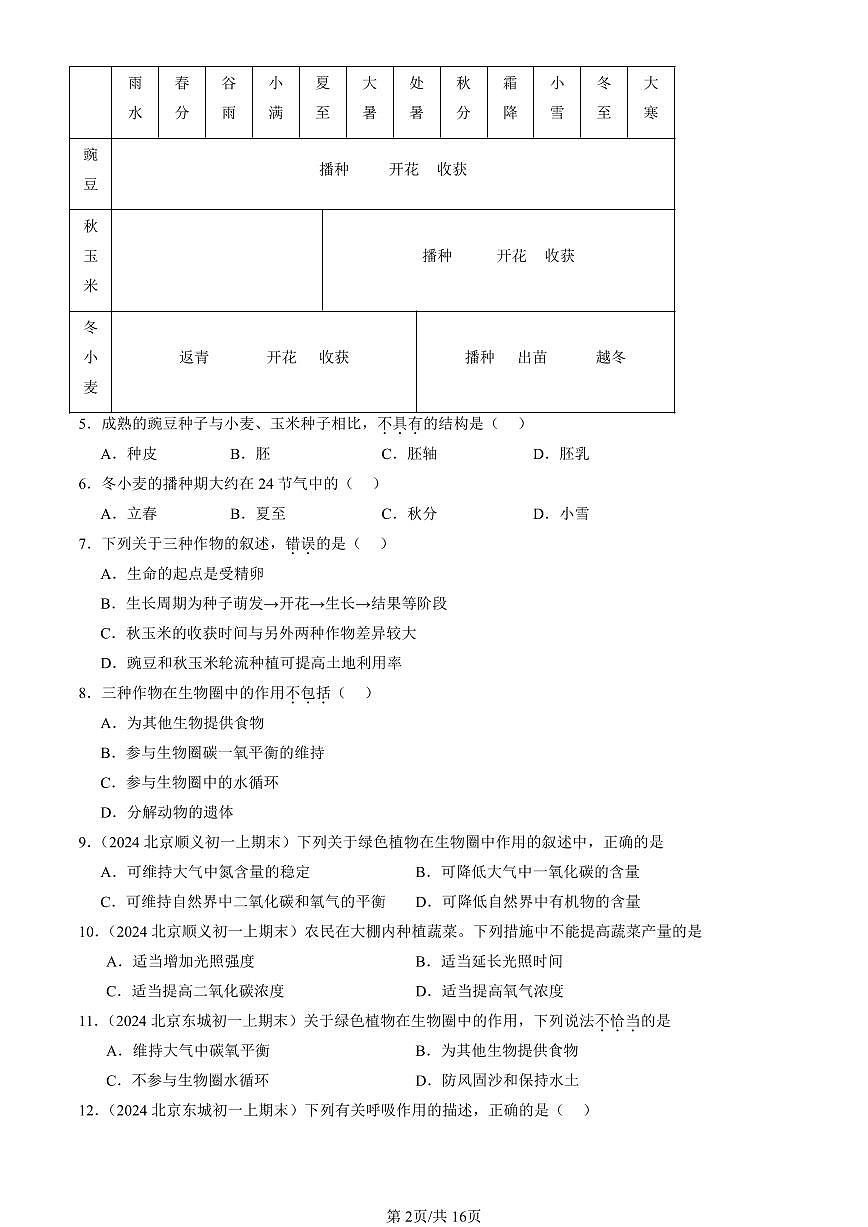 2023—2025北京初一（上）期末真题生物汇编：绿色植物的呼吸作用第2页