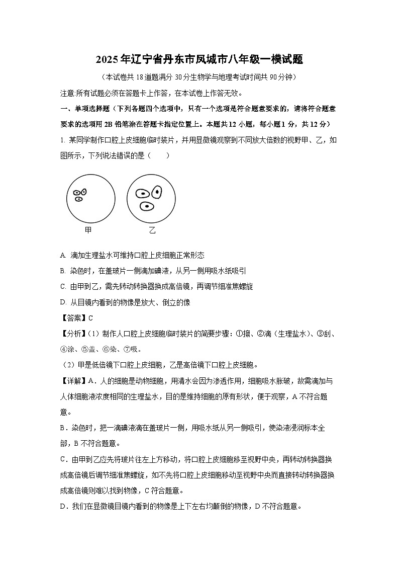 2025年辽宁省丹东市凤城市八年级一模生物试题（解析版）第1页