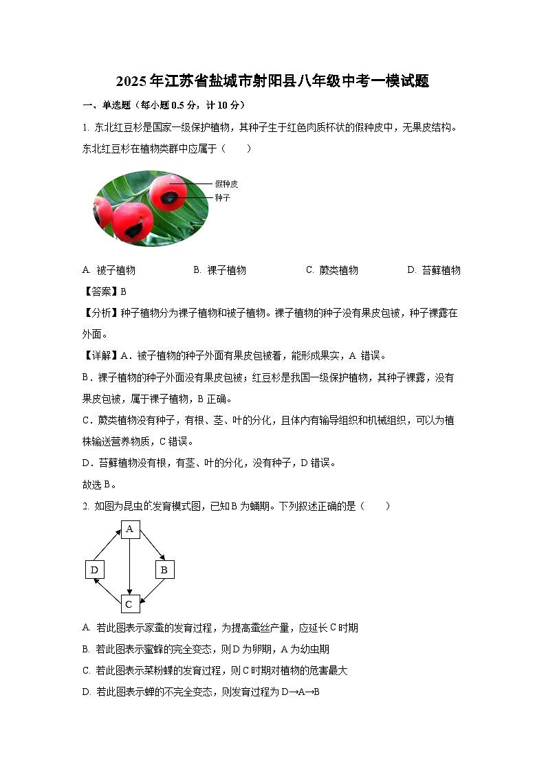 2025年江苏省盐城市射阳县八年级中考一模生物试题（解析版）第1页