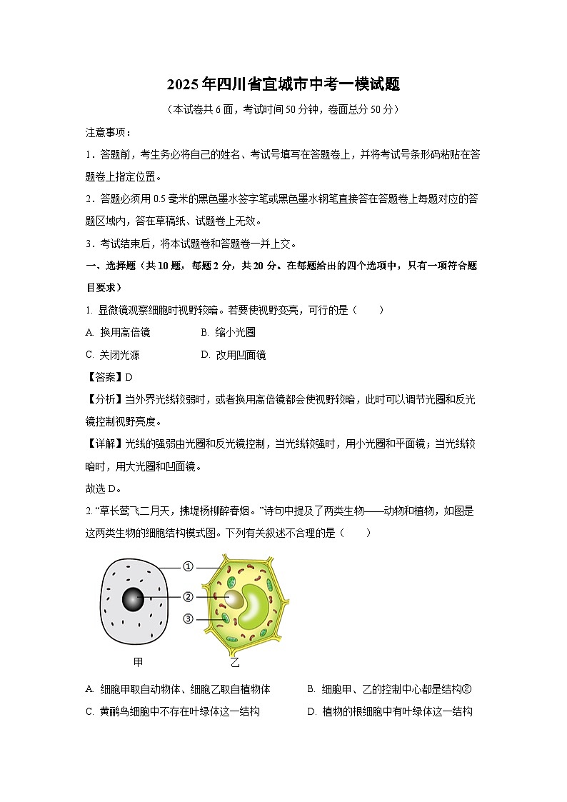 2025年四川省宜城市中考一模生物试题（解析版）第1页