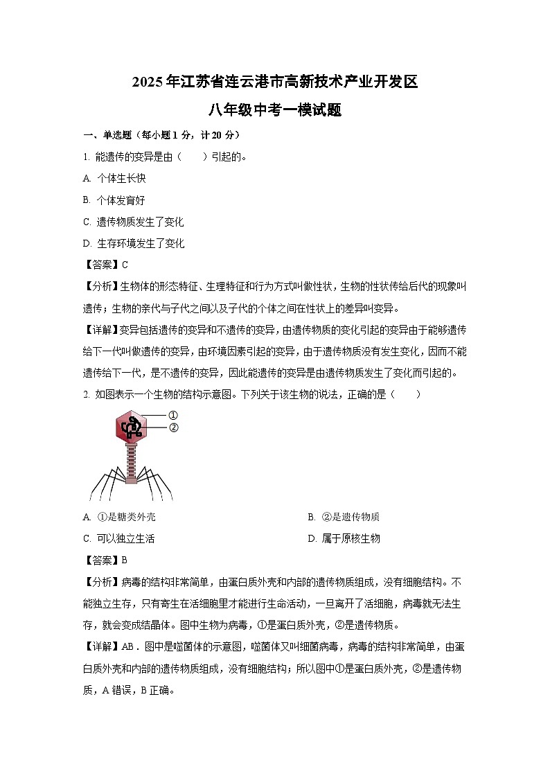 2025年江苏省连云港市高新技术产业开发区八年级中考一模生物试题（解析版）第1页