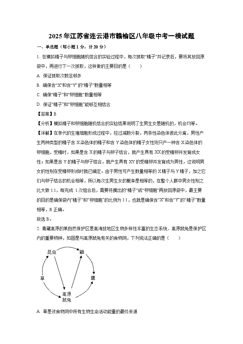 2025年江苏省连云港市赣榆区八年级中考一模生物试题（解析版）第1页
