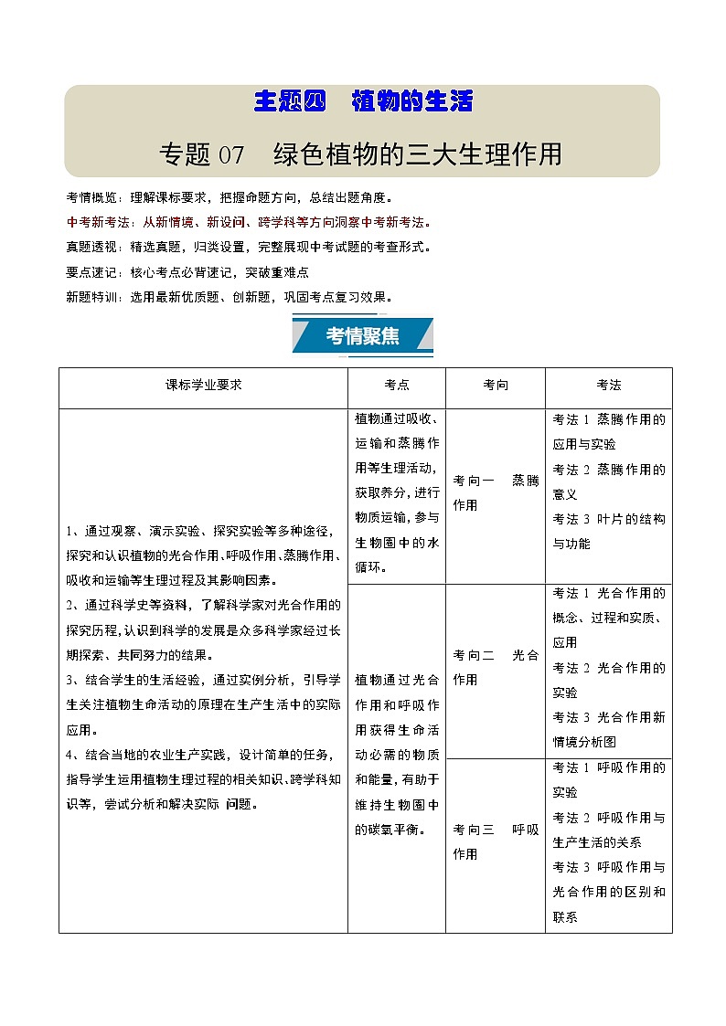 备战2025年中考生物真题分类汇编（江苏专用）专题07绿色植物的三大生理作用（解析版）第1页