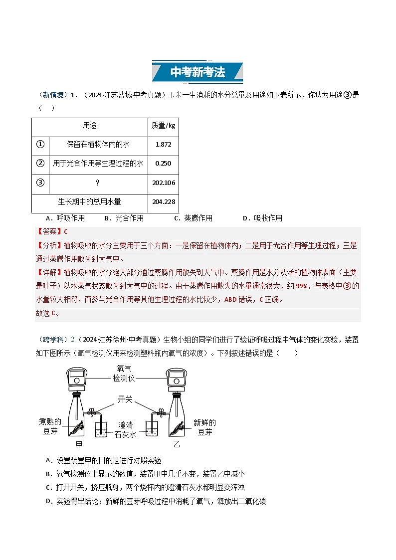 备战2025年中考生物真题分类汇编（江苏专用）专题07绿色植物的三大生理作用（解析版）第2页