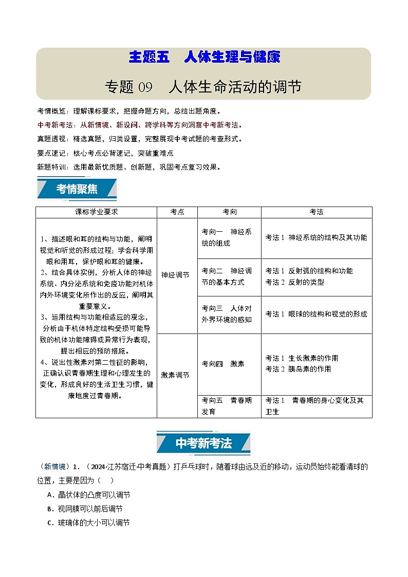 备战2025年中考生物真题分类汇编（江苏专用）专题09人体生命活动的调节（原卷版）第1页