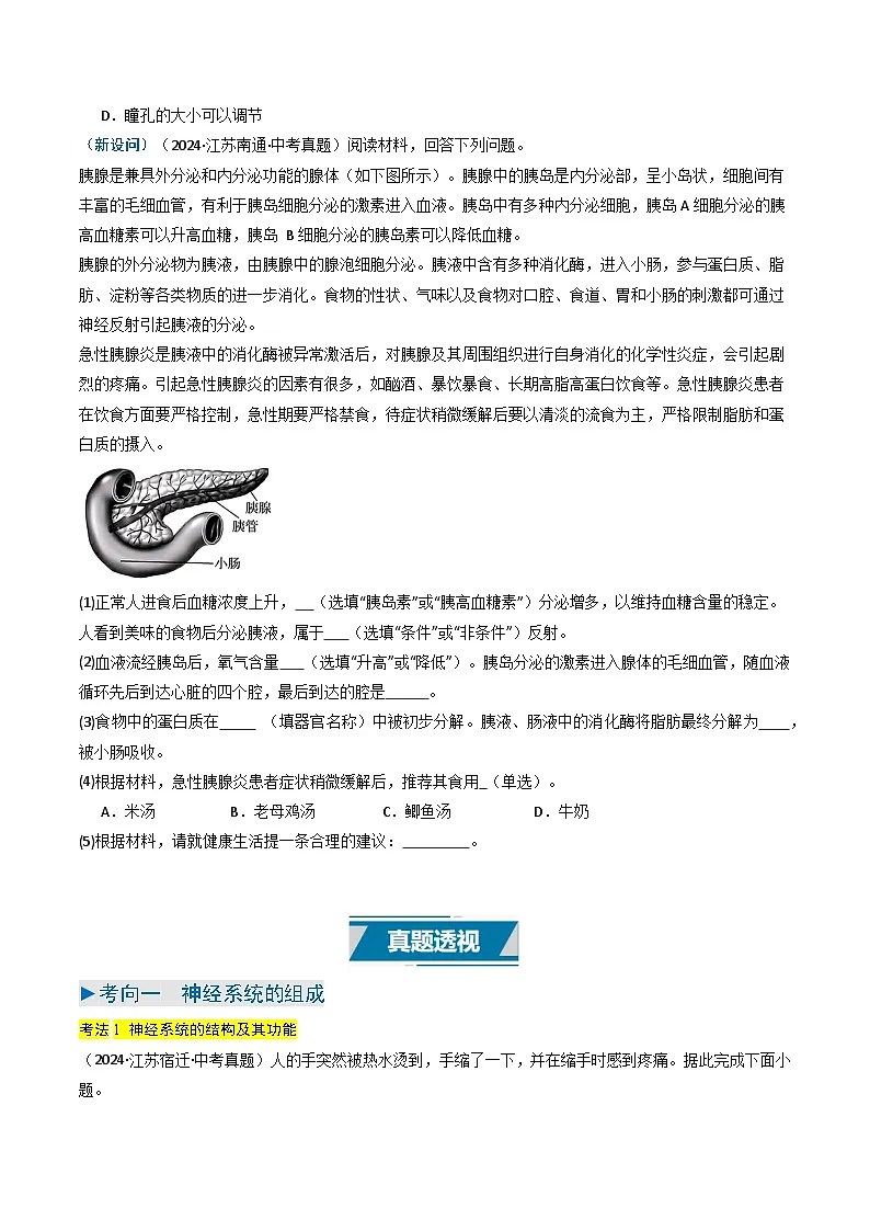 备战2025年中考生物真题分类汇编（江苏专用）专题09人体生命活动的调节（原卷版）第2页